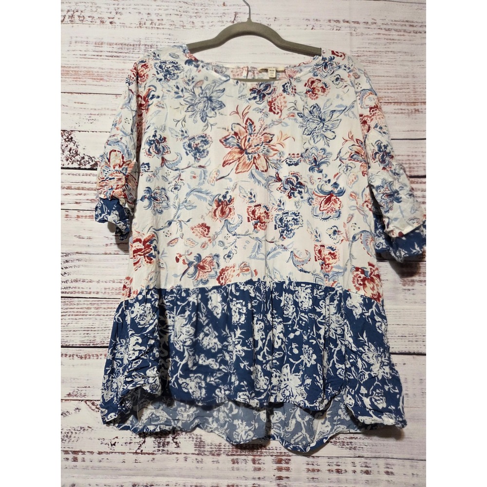 Como Blu Women Blue Red Floral Rayon Tunic Top Bell Sleeve Medium Boho